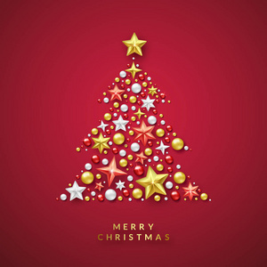 圣诞树背景与闪亮的星星和五颜六色的球。红色背景的圣诞贺卡插图
