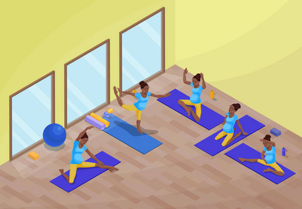 瑜伽班内部与怀孕的非洲妇女做体育锻炼, 等距3d 向量插图与运动训练, 放松和冥想构成收集
