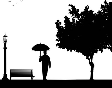 秋天或秋天, 年轻人在公园里走在伞下
