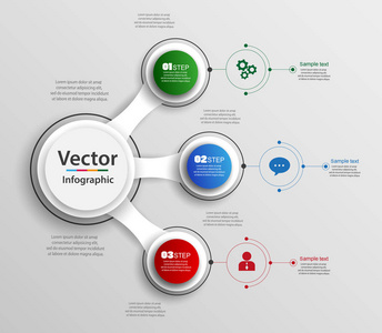 三步信息与多彩的圈子。可用于工作流布局图表业务步骤选项横幅网页设计。矢量 Eps 10