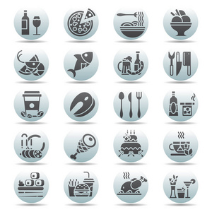 矢量黑色的白色圆圈按钮集的平面图标和元素关于食物和饮料的烹饪网站餐厅菜单