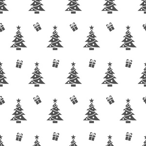 黑色圣诞树和白色背景礼物的圣诞无缝模式