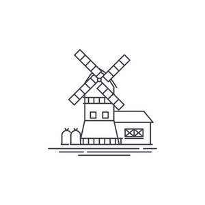 农场风车线图标。在白色背景上隔离的谷仓矢量线性设计的轮廓图。农场徽标模板, 用于农业设计的元素, 线条图标对象
