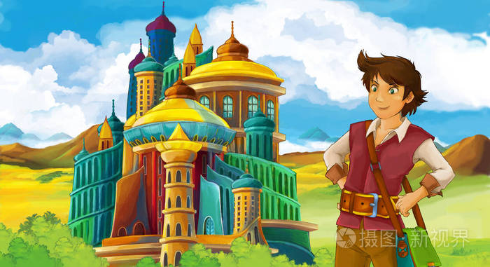 卡通场景与王子近美丽的城堡插图儿童