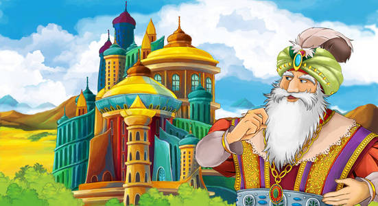 卡通场景，国王站在一些城堡前为孩子们插图