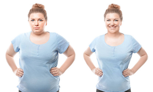 年轻女子在白底减肥前后。健康保健和饮食概念
