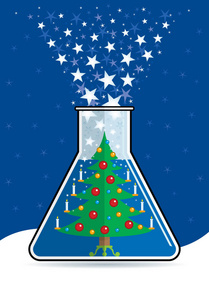圣诞树上装饰着燃烧的蜡烛在一个瓶子里, 在蓝色的背景上喷射出白色的星星。矢量图像
