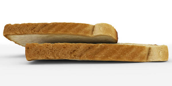 面包片吐司双, 低角度视图隔离在白色