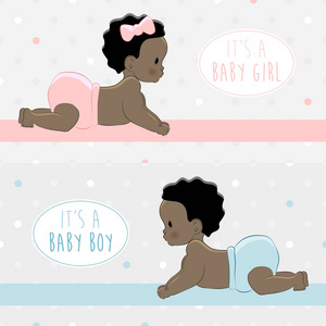 是个男孩是个女孩婴儿沐浴贺卡婴儿男孩和女孩。小新生黑人非洲裔美国人男孩和婴孩女孩