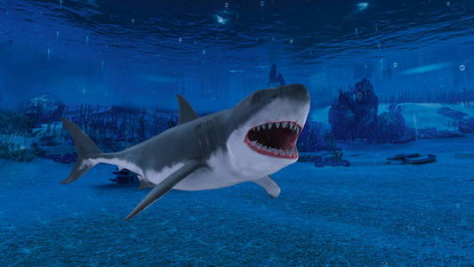 3d cg 渲染的鲨鱼友好的微笑大白鲨攻击, 黑白矢量插图的卡通风格的