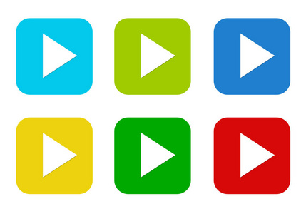 圆形方形彩色平面图标,蓝色,绿色,黄色,青色和红色的播放符号照片