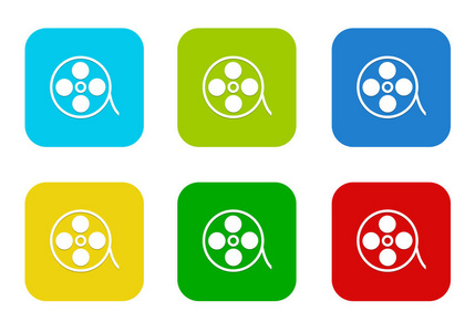 一套圆形方形彩色平面图标，电影符号为蓝色绿色黄色青色和红色