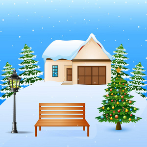 冬天背景与房子木长凳和圣诞树在雪山