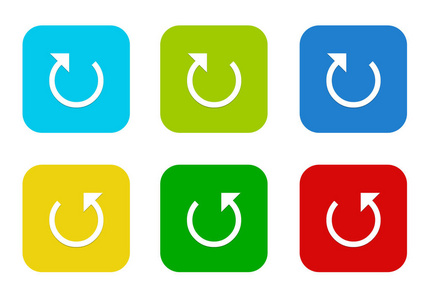 一组圆形方形彩色平面图标与箭头和重新加载符号的蓝色，绿色，黄色，青色和红色。