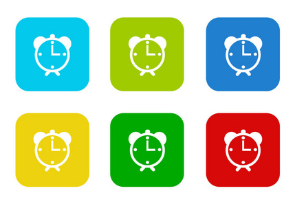 一套圆形方形彩色平面图标，闹钟符号为蓝色绿色黄色青色和红色