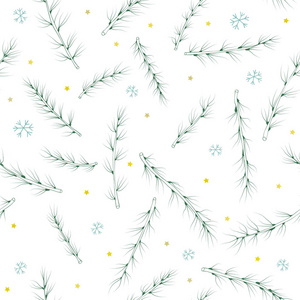 与针叶树枝星星和雪的无缝圣诞图案