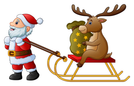 卡通滑稽的圣诞老人拉雪橇与一袋礼物的鹿