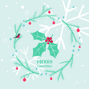 可爱的圣诞贺卡, 冬青树枝, 灰和圆形框架