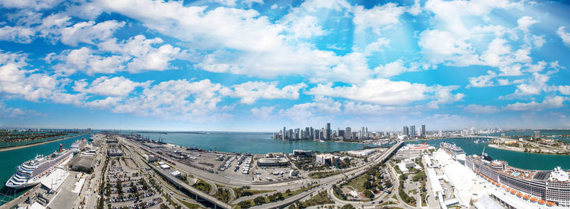 迈阿密港和地平线全景鸟瞰图, 佛罗里达州美国
