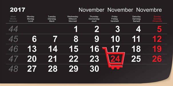 黑色星期五购物车提醒。2017年11月24日日历日大采购