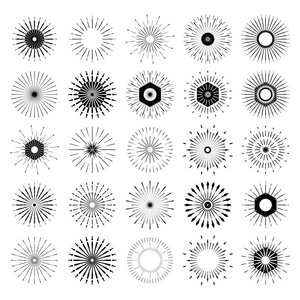 大套复古太阳爆裂形状。老式的标志 标签 徽章。矢量设计元素分离。最小的黑色烟花爆