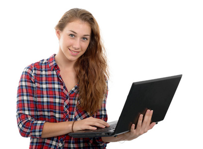 手持笔记本电脑的年轻女子, 在白色