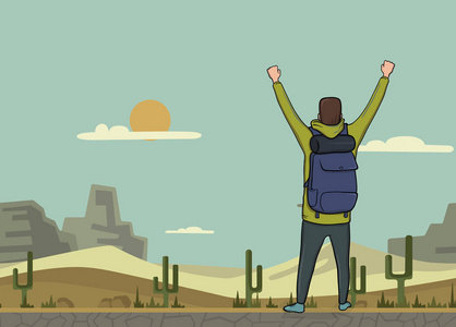 一个年轻的男子, 在沙漠中举起双手后, 背包客的看法.