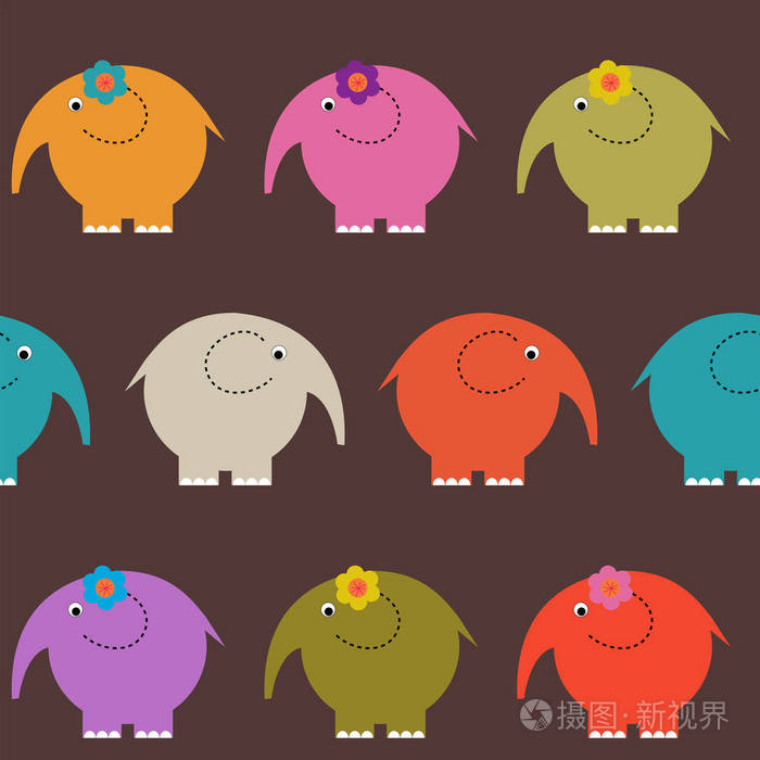 与不同颜色的大象无缝可爱的图案