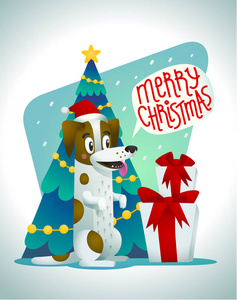可爱的狗与节日礼物和讲话气泡说圣诞快乐。时尚的杰克罗素梗狗在圣诞树的背景。冬季节日问候概念