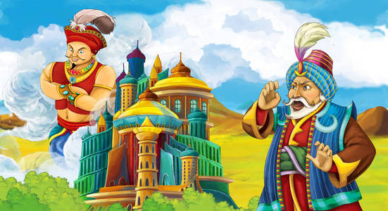卡通场景与王子或国王会面，魔法师为儿童提供城堡插图