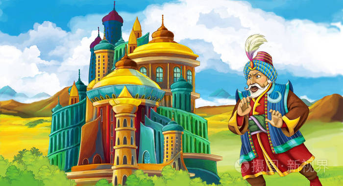 卡通场景国王站在一些城堡前为孩子们插图