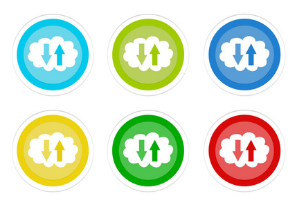 一套圆形的彩色按钮，带有蓝色绿色黄色青色和红色的云符号