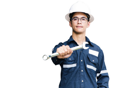 亚洲人，工程师或技术员在白色头盔 眼镜和 bl