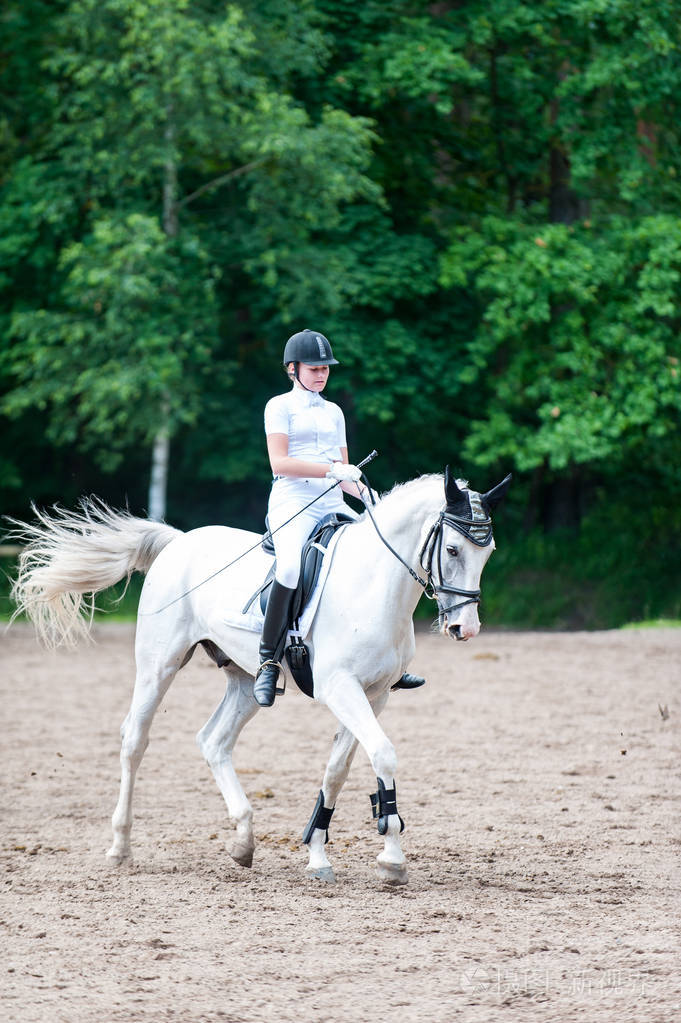 十几岁的女孩马术穿着制服骑马