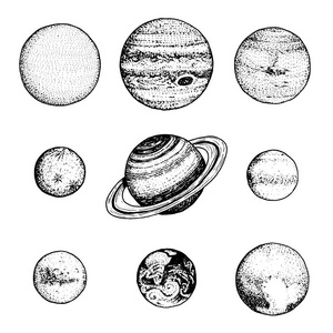 太阳系中的行星。月亮和太阳, 水星和地球, 火星和金星, 木星或土星和冥王星。天文星系空间。刻在旧素描, 老式风格的标签手绘