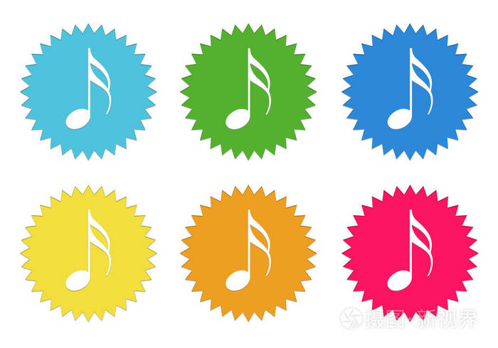 一套圆形彩色贴纸图标音乐符号为蓝色绿色黄色青色粉红色和橙色