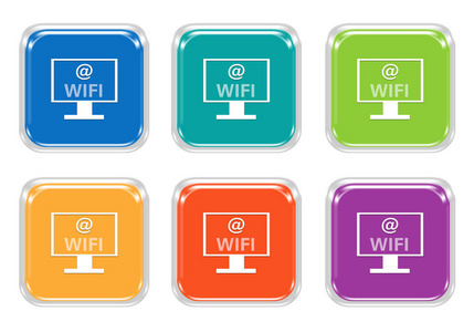 一套圆形的方形彩色按钮，电脑显示和wifi符号，蓝色绿色黄色紫色和橙色