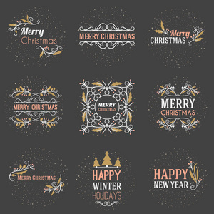 圣诞快乐, 新年欢乐, 贺卡或请柬的装饰徽章。矢量插图。版式设计元素。黑色背景的金色白色和粉红色主题