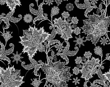 无缝模式。辉煌的花边，程式化的花。镂空编织精致，佩斯利。单色的窗饰，镂空的卷发
