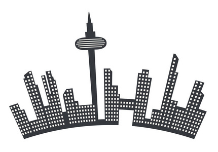 城市景观的黑色剪影与摩天大楼和塔在白色背景。矢量插图