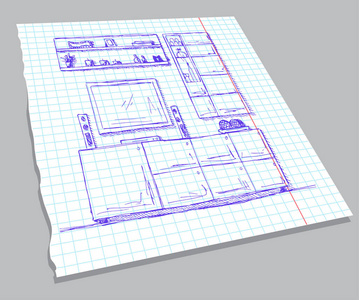 在笔记本纸上绘制内部的手绘草图。内部的线性剪影。书柜, 梳妆台与电视和货架。矢量插图