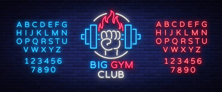 健身, 体育标志标志在霓虹灯风格隔离, 矢量插图。闪亮的横幅明亮的霓虹灯健身俱乐部的夜间广告体育大厅体育俱乐部。编辑文本