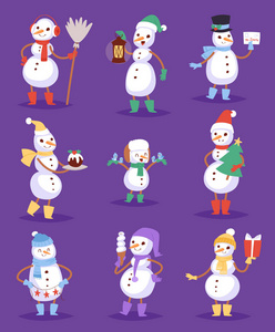 雪人逗人喜爱的卡通冬天圣诞节字符人假日快乐圣诞节雪男孩和女孩矢量插图