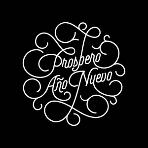 普洛斯彼罗, 西班牙新年快乐, 为贺卡设计的花线排版书法刻字。矢量节日装饰新年文字报价白色漩涡图案轮廓