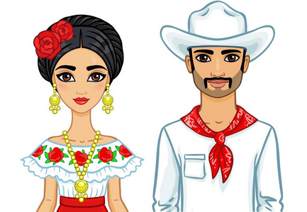 动画肖像的墨西哥家庭在古代的衣服。在白色背景上隔离的矢量插图