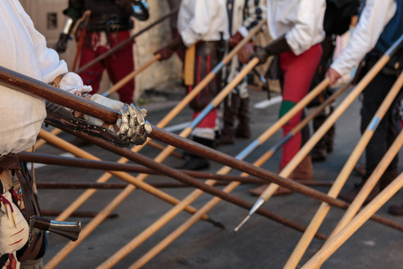 战斗的中世纪欧洲长矛,极武器: 轴和尖尖的头照片