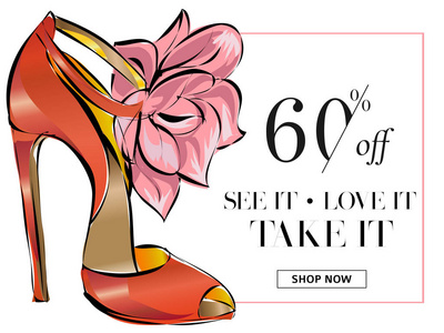 时尚鞋销售横幅, 网上购物社会媒体广告网页模板与美丽的高跟鞋。矢量插图