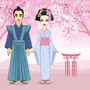 日本家庭在古代 clotes 的动画画像。艺伎, 舞, 武士充分增长。一个背景一座山的风景, 樱花盛开的东方, 神圣的大门。