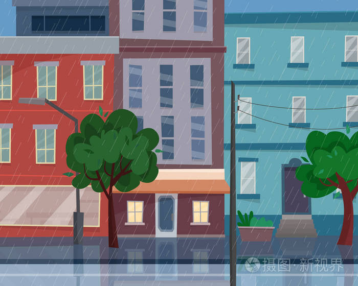 在街上的房子在镇上的道路 雨在城市 城市插画 正版商用图片101f49 摄图新视界