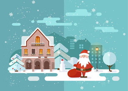 快乐圣诞，快乐新年雪市冬季城市景观的背景。舒适的房子和树。在旧城的平安夜。圣诞贺卡背景海报。矢量图